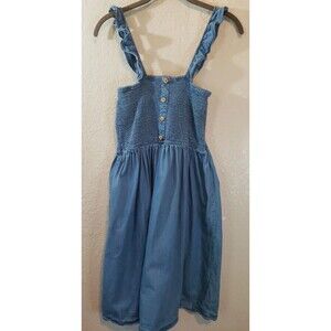 Madison Grey Denim Ruched Dress Ruffled Strap Cotton Size Medium